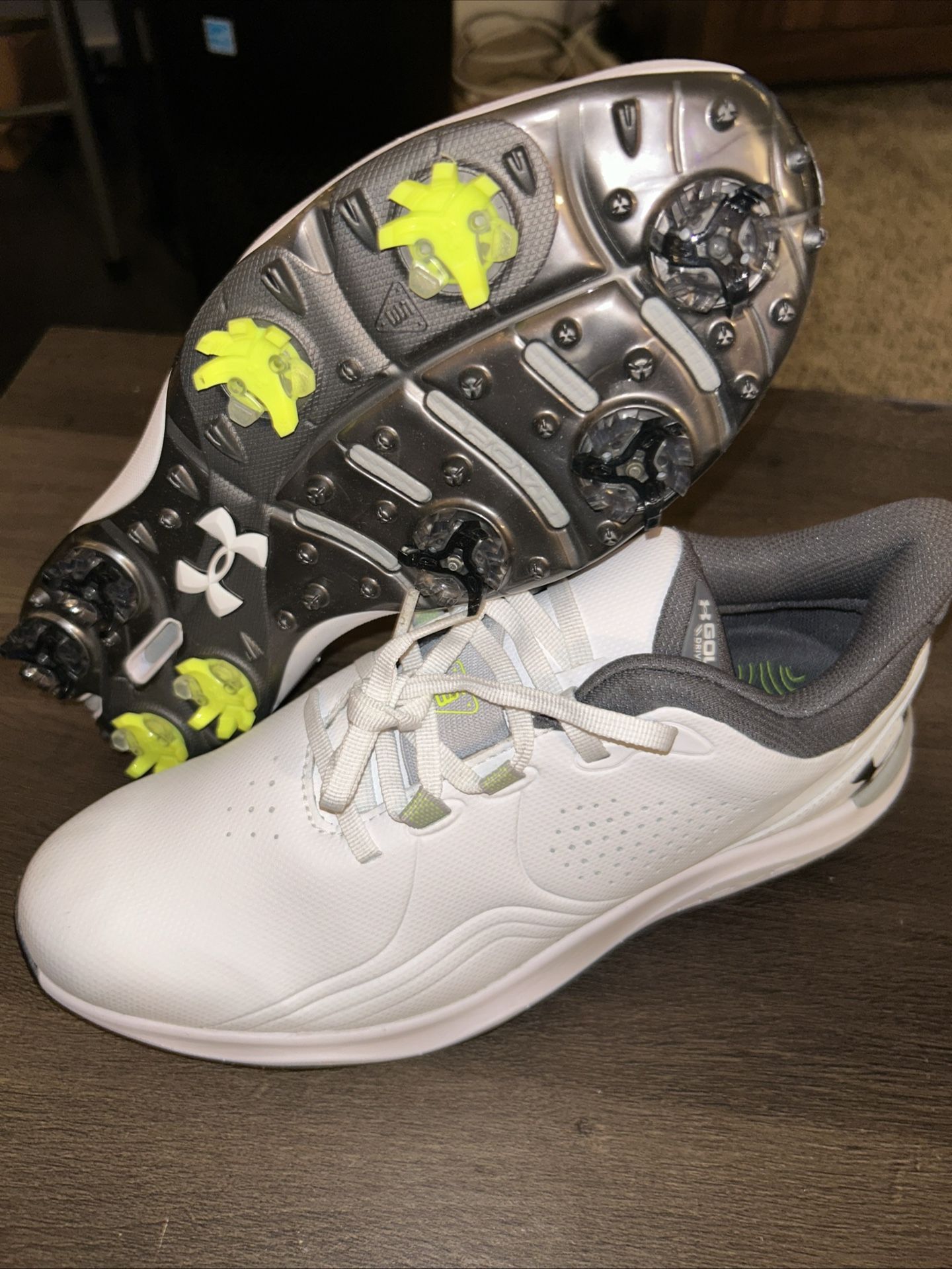 🔥Mens Size 8 Under Armour UA Drive Pro White Gray Spiked Golf Shoes (contact info removed)-100
