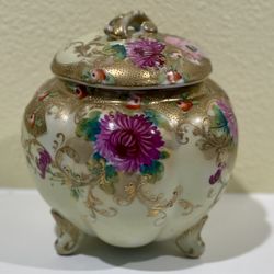 Vintage Nippon Hand Painted Pink Chrysanthemum Design Biscuit Jar w/Tri Feet