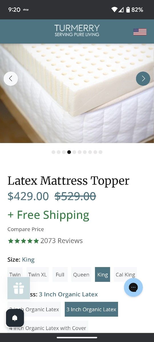 Turmerry 3" king organic latex mattress topper