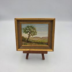Original Oil Painting Mini Canvas Landscape Signed KC 3.25" x 3.75" Wood Frame
