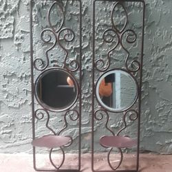 Pair Of Metal Wall-Mounted Candle Holders With Mirrors