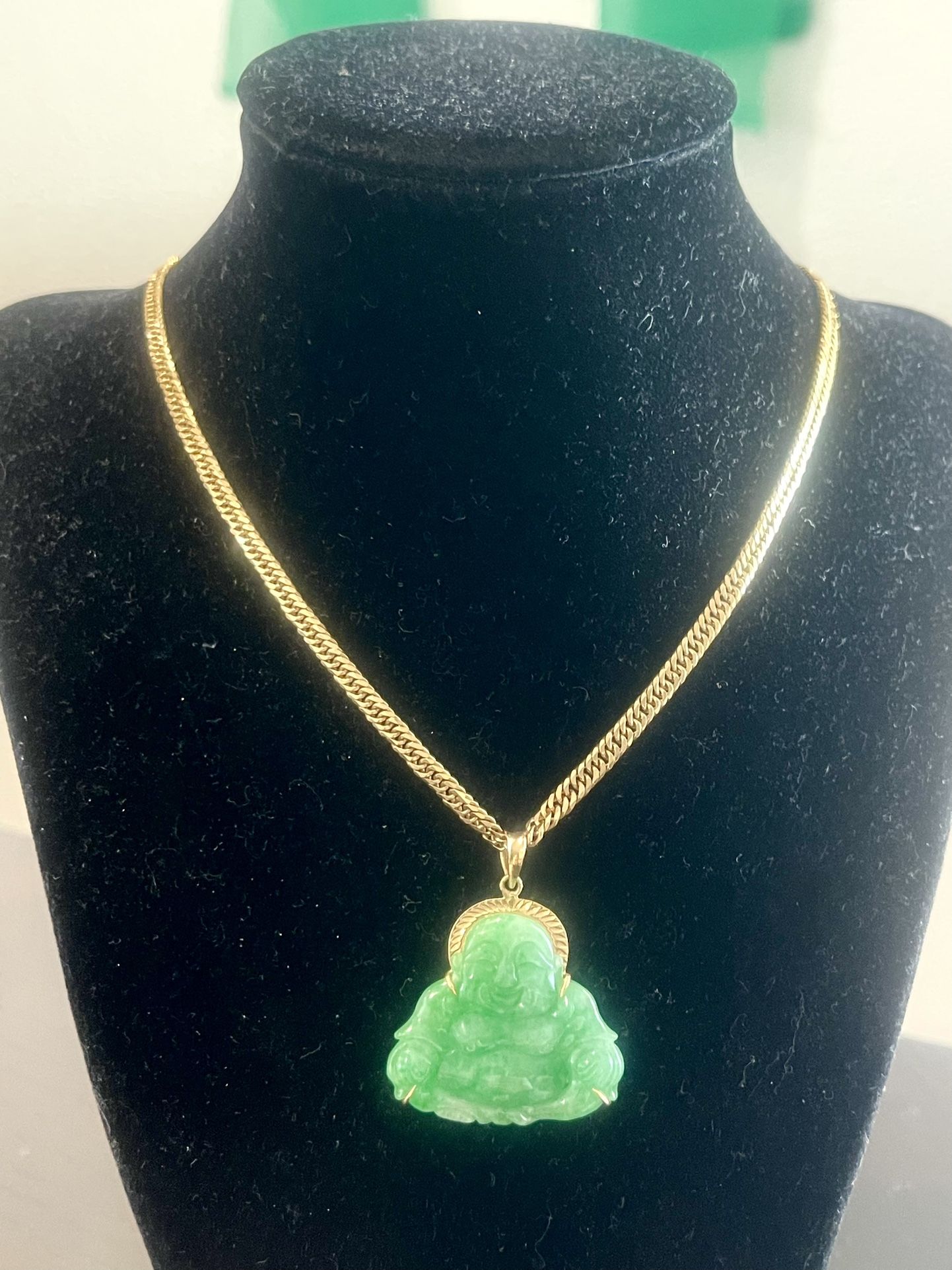 18K Solid GOLD Chain with BUDDHA JADE wrapped In 18k Border