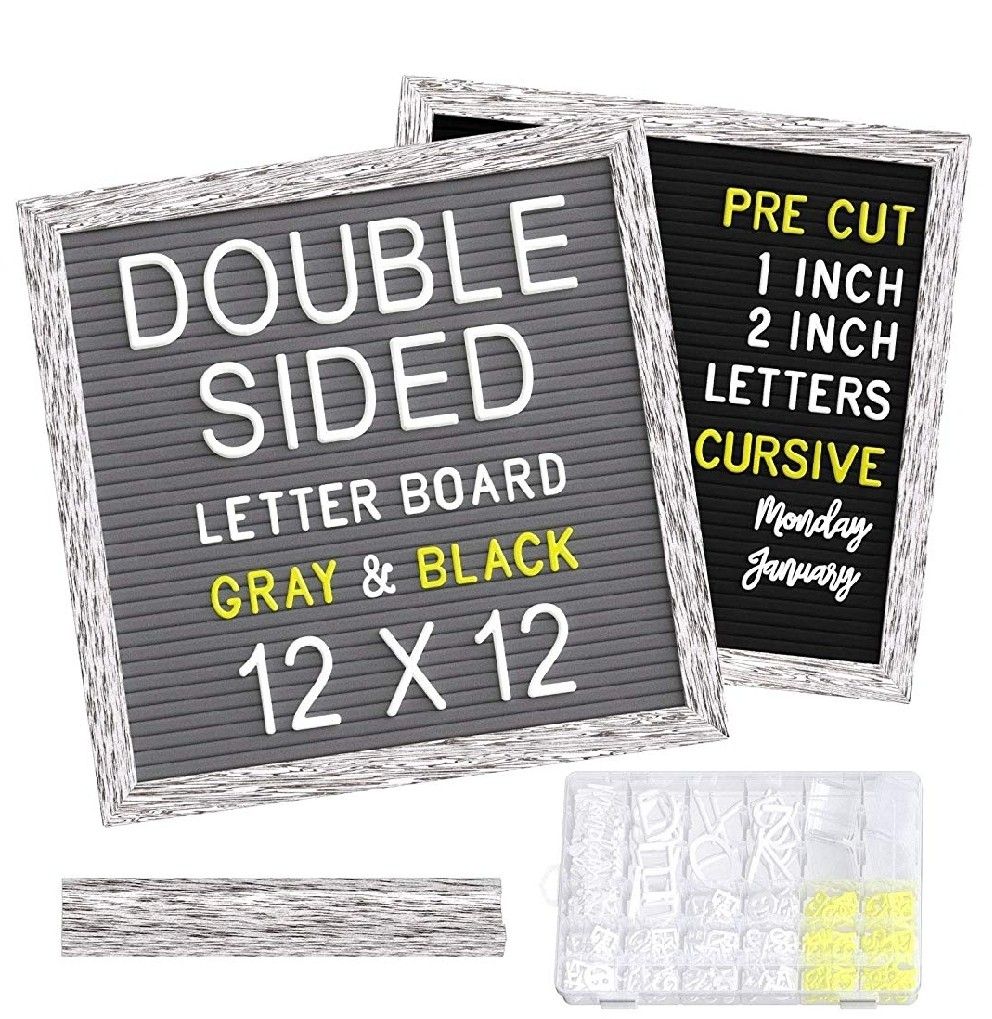 Felt Letter Board Double sided 12x12 inch - Black & Gray Felt with 1", 2” White & Yellow Pre-Cut Letters in Storage Box - for Baby Milestone
