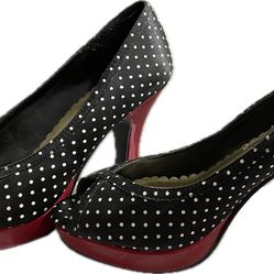 Madden Girl Open Toe Heels Size 6 Black & White Polka Dots w/Red Heels
