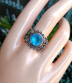 Vintage Design Blue Topaz Silver Ring Sz 10