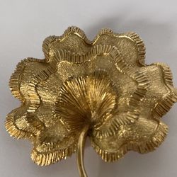Vintage Monet Brooch Leaf Gold Tone Brushed Shiny Ruffled 