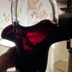 **VINTAGE** Romanian Hand Blown Ruby Red Glass Basket - Handle Is Clear Glass