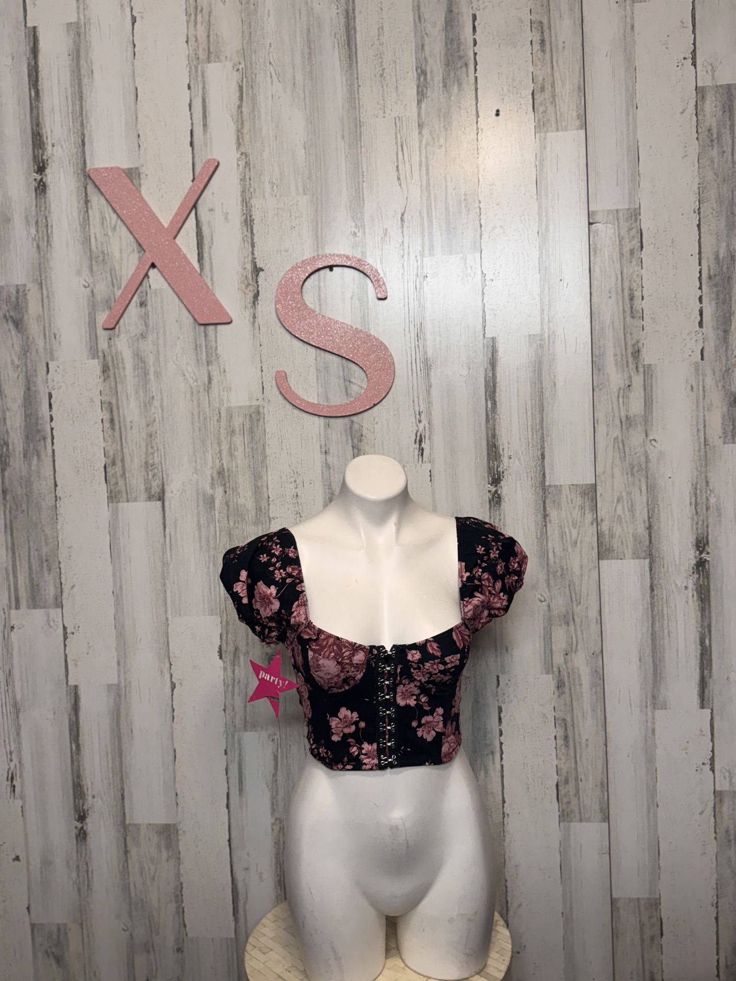 XS Black Floral Corset Crop Top Puff Sleeve Hook-Front NWT
