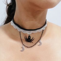 White Lace And Black Choker Spiders, Spooky Necklace With Dangling Chain And Two Moons Halloween Costume Jewelry For Women WhitchCostume Gothic