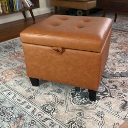 Asense 17 Inch Square Storage Ottoman,Small Foot Rest Stool for Couch, Faux Leather Upholstered Footstool Cube for Entryway Bedroom Living Room, Brown