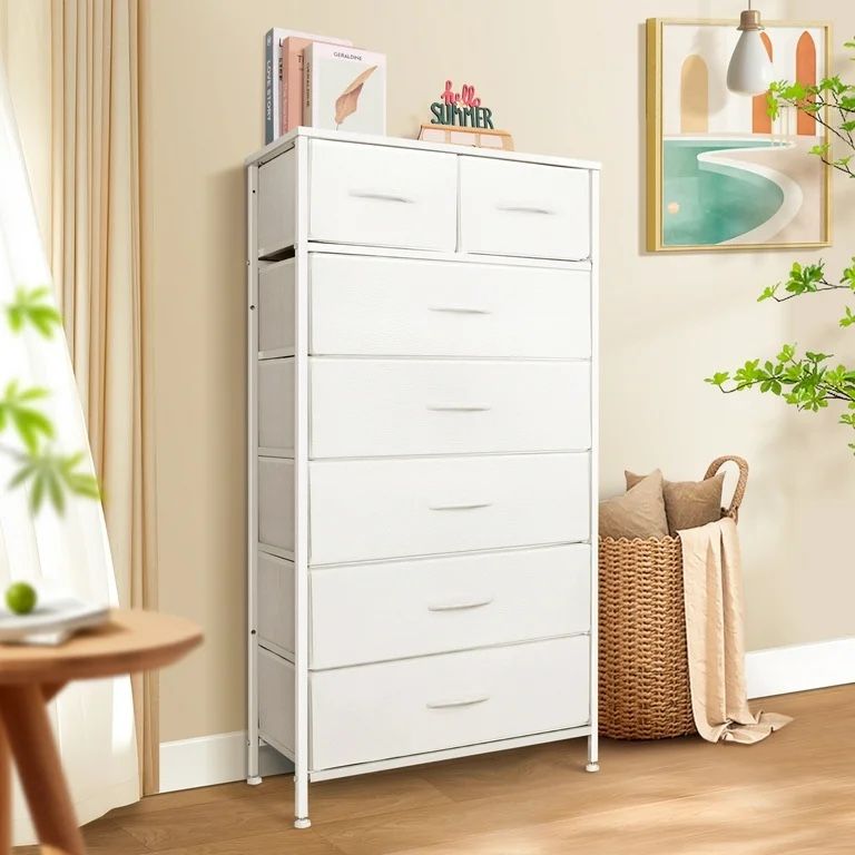 Mifuro Tall Dresser for Bedroom, Vertical Storage Organizer Tower with 7 Drawers, Chest of Drawers with Fabric Bins, Steel Frame, Wood Top for Bedroom