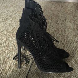 ZARA BLACK CUT OUT LEATHER HIGH HEEL SANDALS Size 37