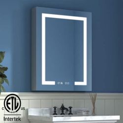 30 in. W x 32 in. H Surface/Recessed-Mount Rectangular LED Dimmable Medicine Cabinet with Mirror, Clock and Temperature