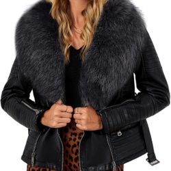 Never Work Size Small  Black Women's Faux Leather Jacket Moto Biker Sherpa-Lined Coat with Removable Fur Collar