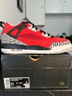 Jordan Spizike Low in Varsity Red / Cement Grey / White. US size 6.5Y.