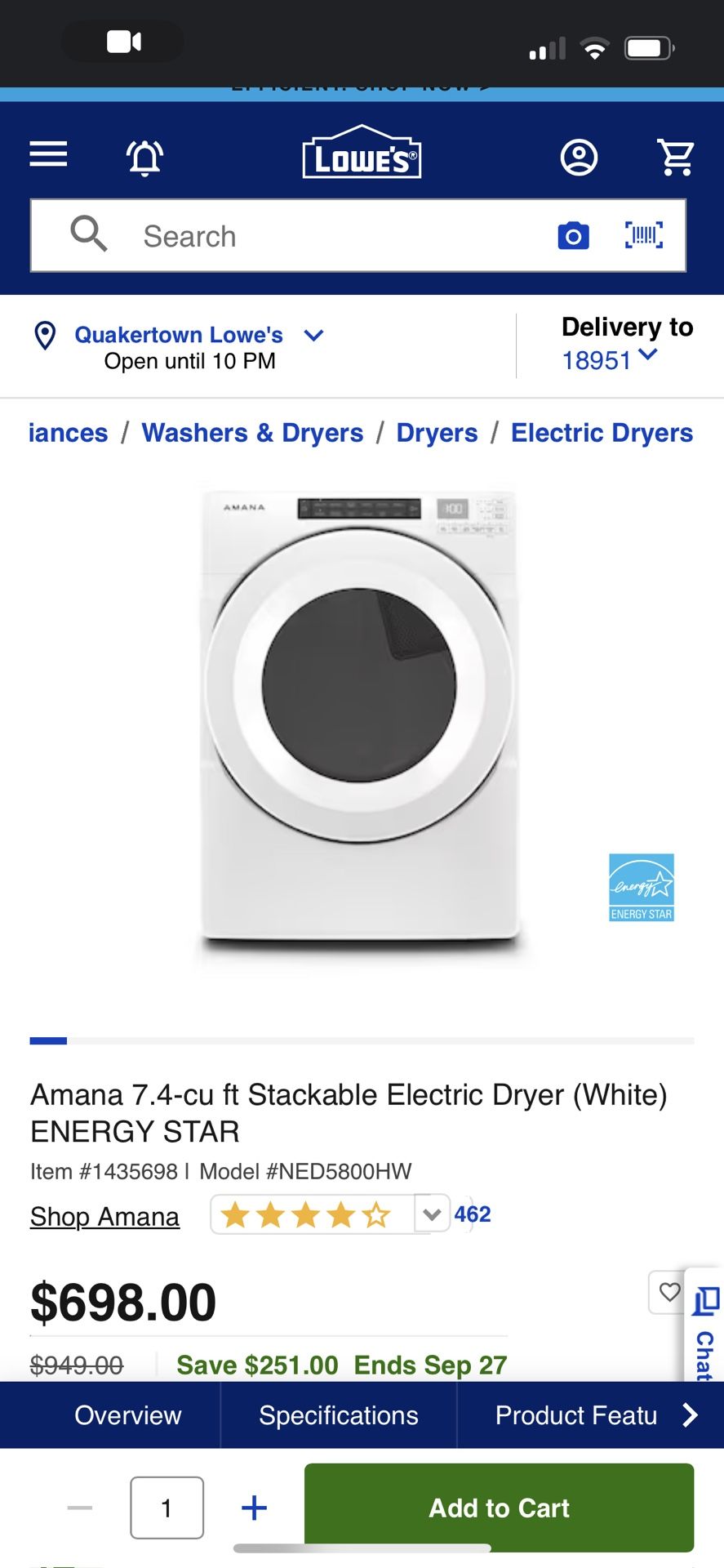 Amana 4.3-cu ft And 7.4-cu ft High Efficiency Stackable Front-Load Washer & Dryer