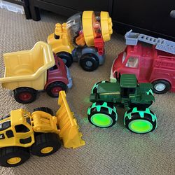 Dump truck, mega blocks building toys cement mixer truck, CAT front loader, fire truck, John Deere lighting wheel tractor/kids baby toy/ boy toys