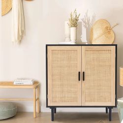 Black and Natural Wood Accent Storage Cabinet with Doors and Shelf，IF1629