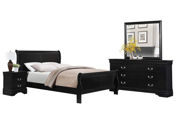 Black Queen 4 Piece Bedroom Set- Queen Bed, Nightstand, Dresser&Mirror
