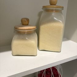 New Set Of Glass And Wood Jars . Great For A Bathroom For Q Tips And Cotton Balls. I Put Epson Salt In It For The Picture To Show You Can Put That In