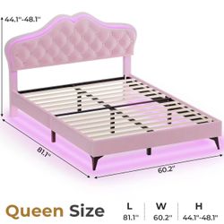 🥨Queen Size Upholstered LED Bed Frame, Girls Bed with Adjustable Crystal Button Headboard, Velvet Princess Platform Bed for Girls, Solid Wooden Slats
