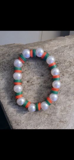 Faux Pearl & Heishi Bead Stretch Bracelet | Orange & Green Accents