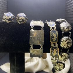 Sterling Link Bracelets with Beautiful Engravings, Siam Silver Bracelet Earrings