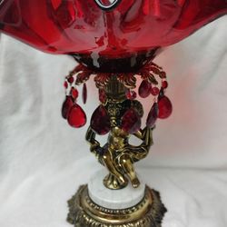 Hollywood Regency Large Compote / Fruit Bowl, Ruby Red Glass, Brass, & Prisms