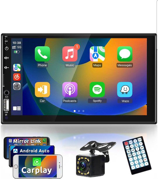 7 Inch Double Din Car Stereo Apple CarPlay & Android Auto 1024 * 600 HD Touchscreen Car Radio Receiver with Mirror Link, Bluetooth, Backup Camera, Rem