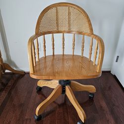 Cane Back Oak Rolling Desk Office Chair-Vintage Cane Banker Chair