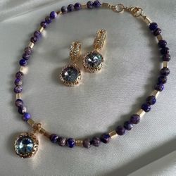 Women's Purple Crackled Jasper choker set with Austrian Premium Crystals, and earrings - Handmade