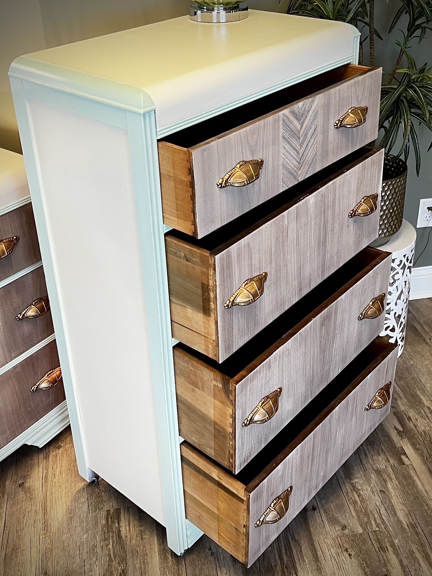 white waterfall dresser Sold  Vintage 1980's 9-Drawer Ivory Lacquer & Gold Trim w/Sculptural Mirror by Broyhill Premier Collections Dresser; 30 tall 63.5 wide 18.5 deep Mirror; 41.75 tall 52 wide 2.5 deep Waterfall Dresser Upcycle - Shop