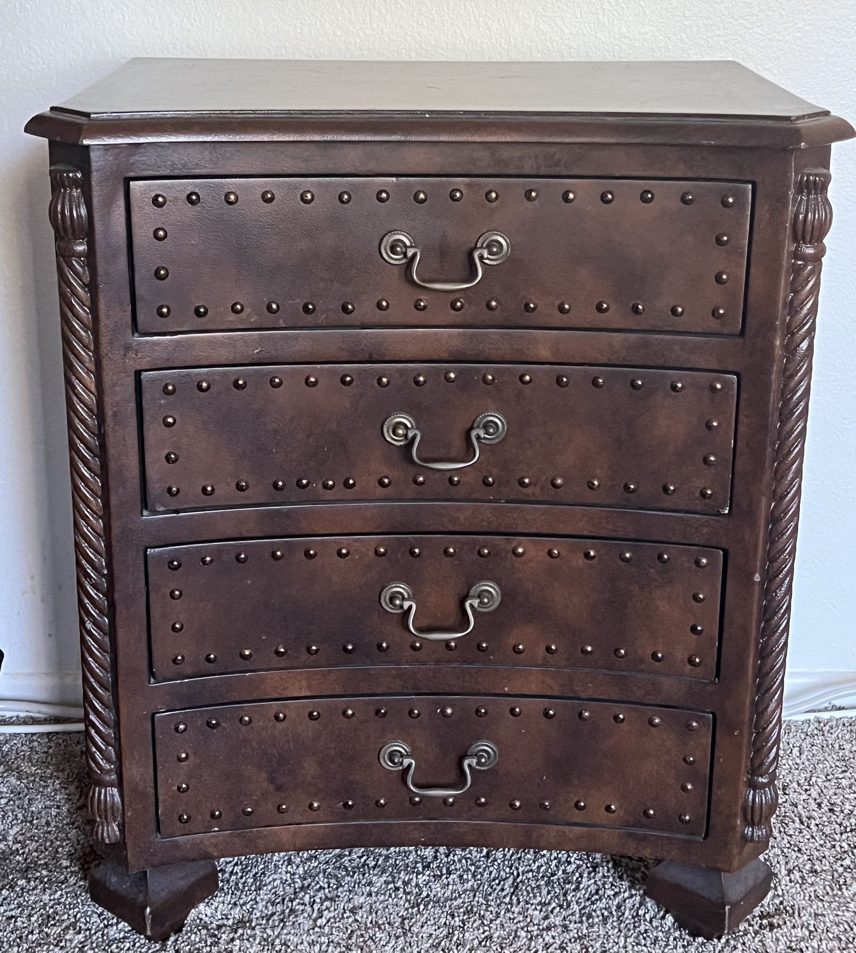 Brown Leather Pattern Solid Wooden Drawer Night Stand, Antique Wooden Chest With Nail Head Detail, Bow Front Dresser