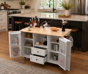 Mobile Kitchen Island Storage Trolley Cart on Wheels with Dropleaf Top Towel/Spice Rack2 Drawers 2-Door Cabinet White