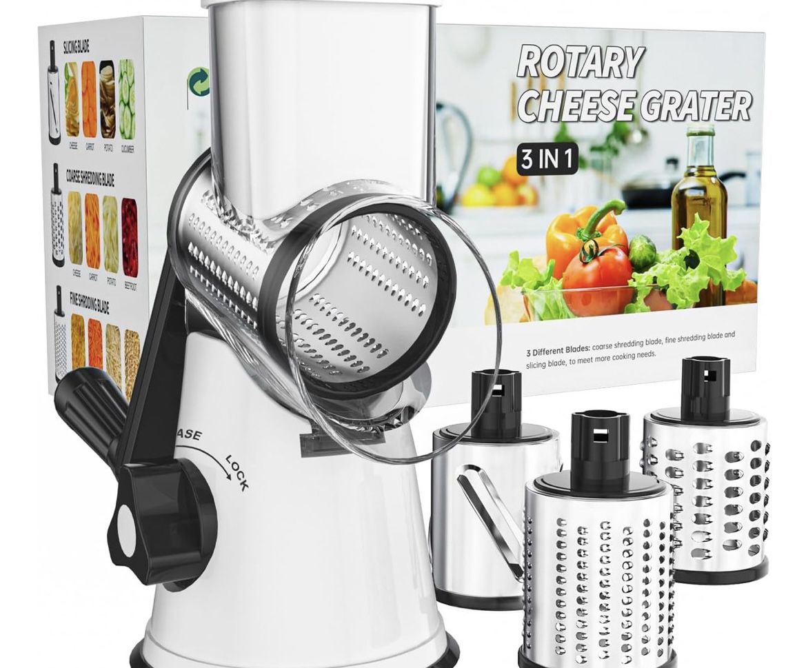 Cheese Grater Hand Crank Cheese Shredder for Fresh Cheese, Vegetable, Nuts, Non-slip Suction Base, Free Cleaning Brush Three Blades, White and Black
