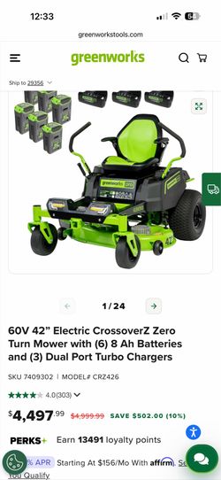 Greenworks zero turn riding mower battery electric