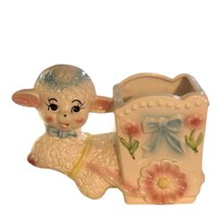 1950’s Nancy Pew Giftwares Taiwan Kitschy Lamb Flower Cart Small Ceramic Planter