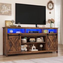 70" LED Farmhouse TV Stand for 80/75/70 Inch TVs,Tall Entertainment Center Storage Cabinets w/Power Outlets and Sliding Barn Door,Rustic TV Stands for