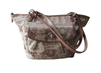 COACH Leah Horse & Carriage Brown Jacquard Leather Shoulder Shopper Purse F14856