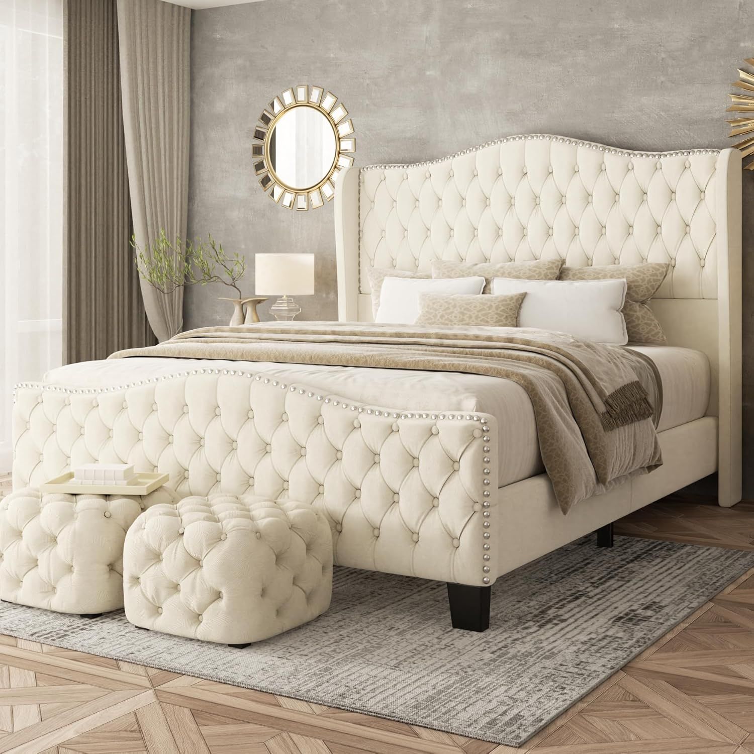 King Size Bed Frame with Tall Headboard Upholstered Bed Frame King Platform Bed Luxury Wingback Headback No Box Spring Needed, Mattress Foundation, Ea