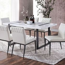 CONTEMPORARY WHITE BLACK 7 PIECE DINING TABLE-SET-U-SHAPE-BASE-CHAIRS-MESA-SILLA