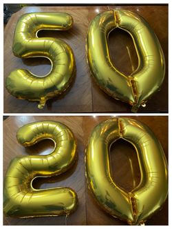 Large “50” Gold Colored Foil Balloons (Could Also Work as “20”) - Fully Inflated - Like New - Used Once