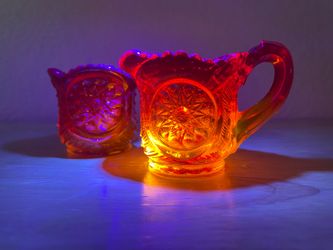 Vintage Amberina Cadmium Glass L.E. Smith Hobstar Sawtooth Heritage Sunburst Chimo Creamer Pitcher Sugar Bowl