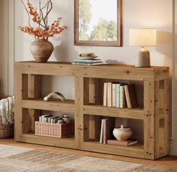 F2579 63" Solid Wood Console Table with Storage, 3-Tier Farmhouse Entryway & Sofa Table with Open Shelves