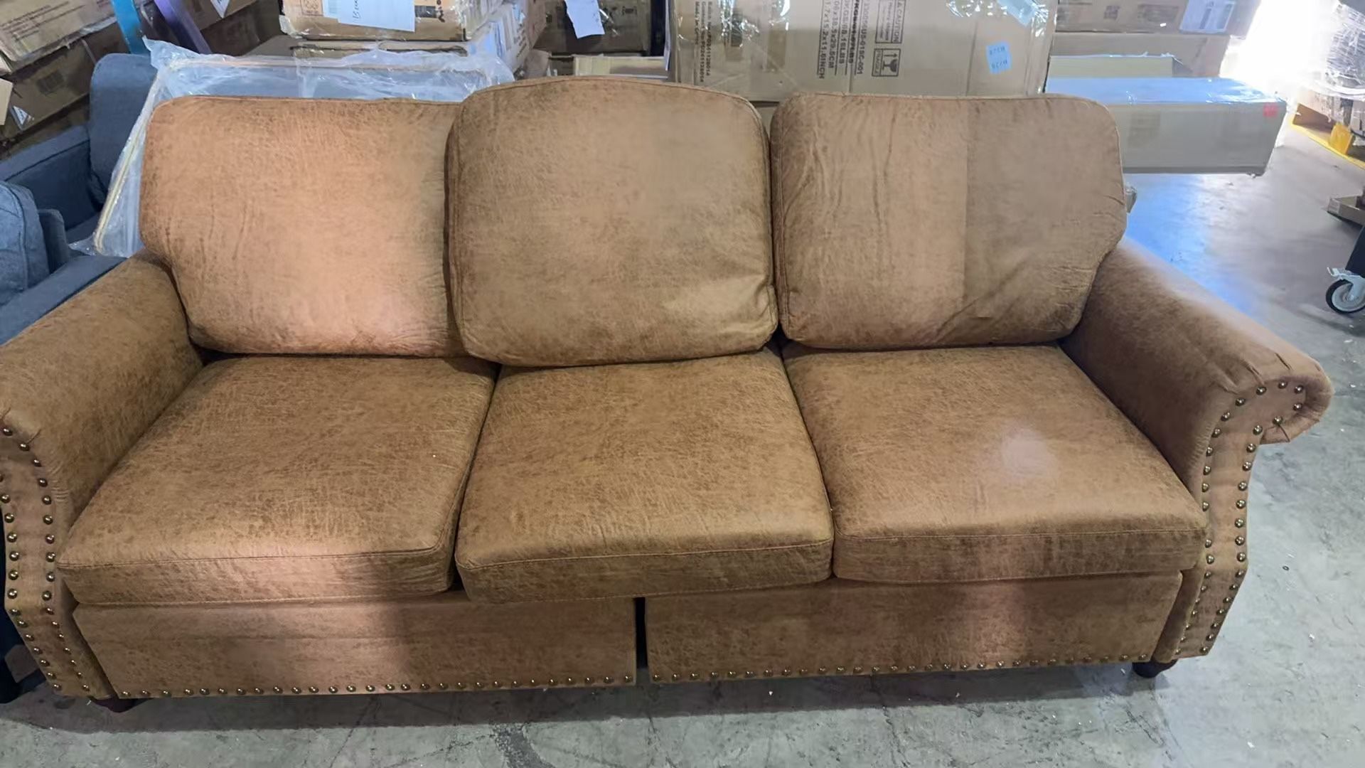 85'' Faux Leather Couch for Living Room, Mid Century Modern Leather Sofa with Rolled Arm, Classic 3 Seat Brown Couches with Nailheads Trim, Big Comfy 