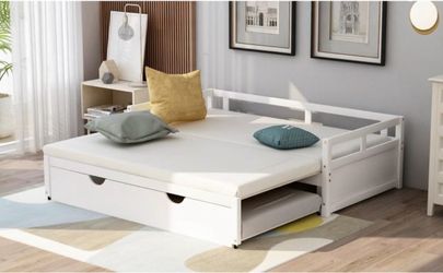 Extending Daybed with Trundle, Wooden Daybed with Trundle, White (Style 2)