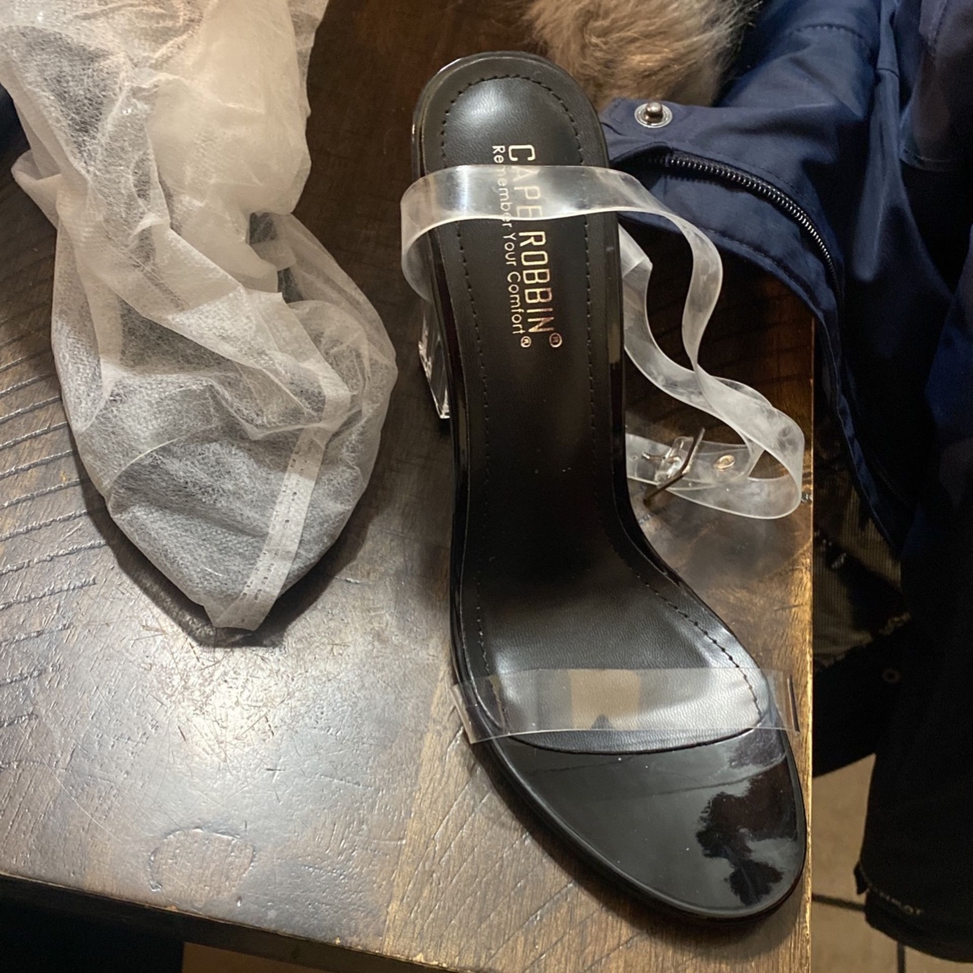 High Heels Size 8 All Black With Clear Strap