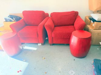 Used Red Armchairs (Set of 2) + Side Table Selling two used red armchairs with a matching side table. They are in good condition and very comfortable