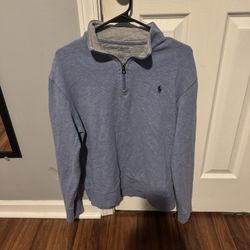 Mens L POLO RALPH LAUREN 1/4 Quarter Zip Fleece Light Blue Navy Pony