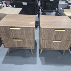 M-New Fluted Nightstand Set of 2, Walnut Bedside Table with 2 Drawers and Gold Handles, Wood End Table Mid Century Night Stands for Bedroom Living Roo